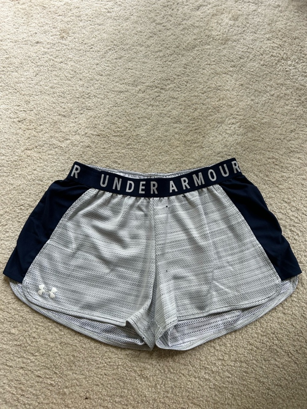 Under Armour White Mesh Athletic Shorts with Navy Side Panels